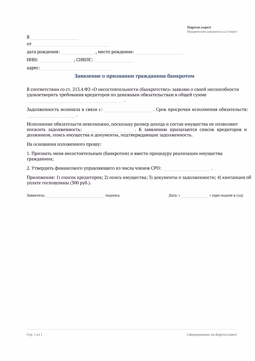 Пустой бланк «Заявление о признании гражданина банкротом», страница 1