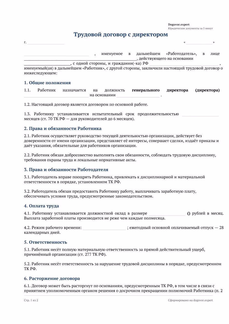 Пустой бланк «Трудовой договор с директором», страница 1