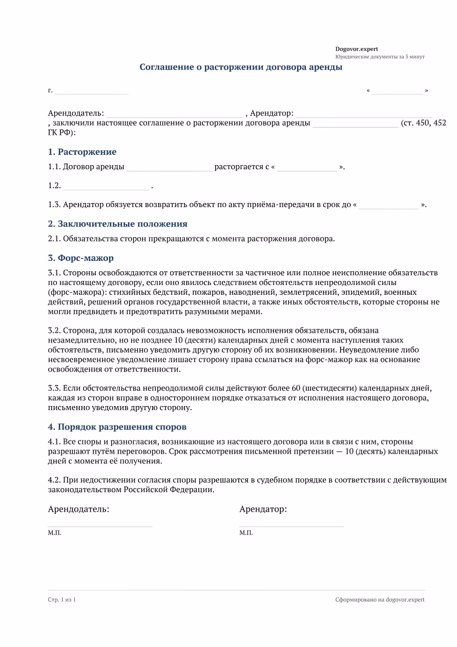 Пустой бланк «Соглашение о расторжении договора аренды», страница 1