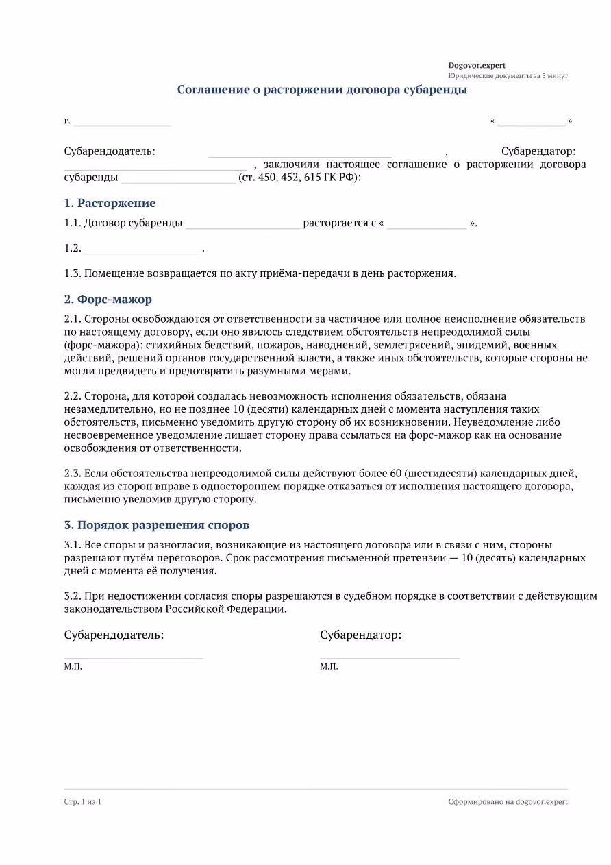 Пустой бланк «Соглашение о расторжении договора субаренды», страница 1